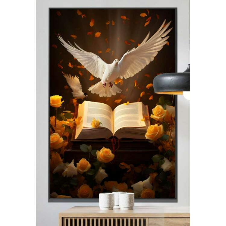 Quadro Decorativo Pomba Branca com Bblia e Rosas