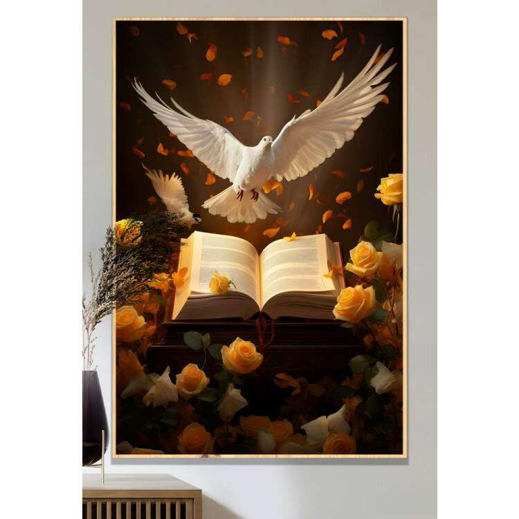 Quadro Decorativo Pomba Branca com Bblia e Rosas