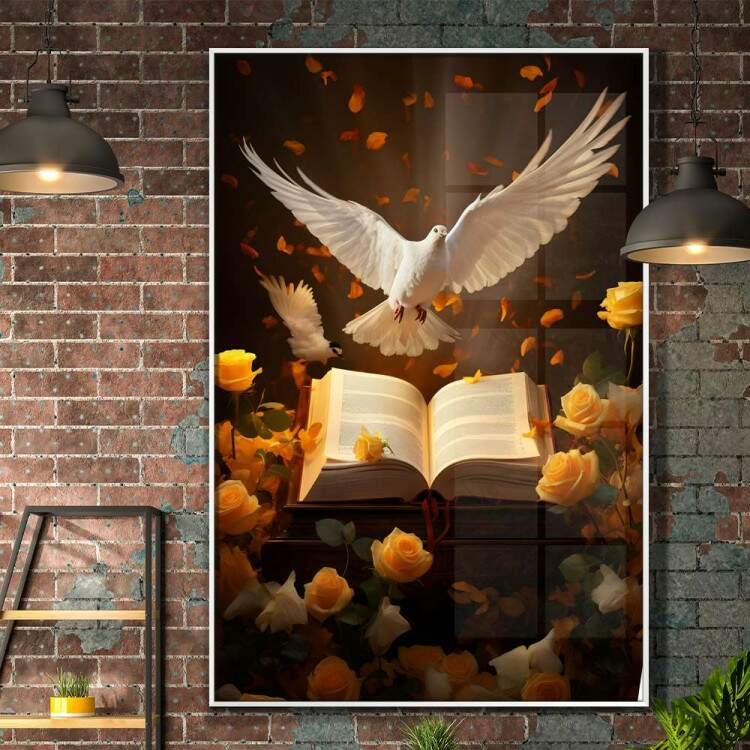 Quadro Decorativo Pomba Branca com Bblia e Rosas
