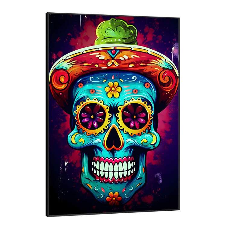 Quadro Decorativo Caveira Mexicana Azul Com Detalhes Amarelos