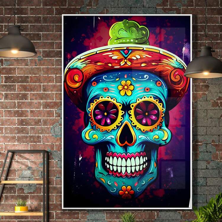 Quadro Decorativo Caveira Mexicana Azul Com Detalhes Amarelos