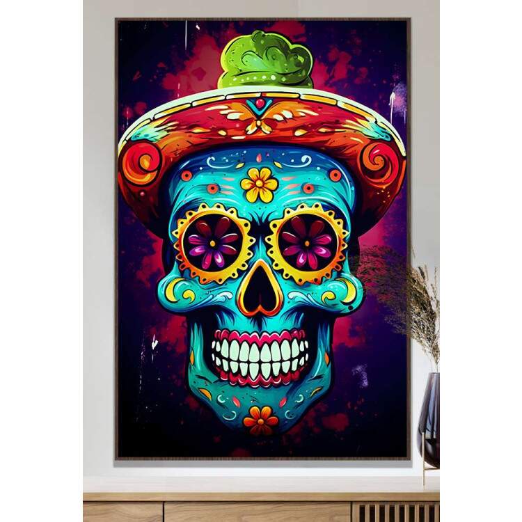 Quadro Decorativo Caveira Mexicana Azul Com Detalhes Amarelos