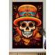 Quadro Decorativo Caveira Mexicana Branca Com Detalhes Laranjas