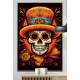 Quadro Decorativo Caveira Mexicana Branca Com Detalhes Laranjas