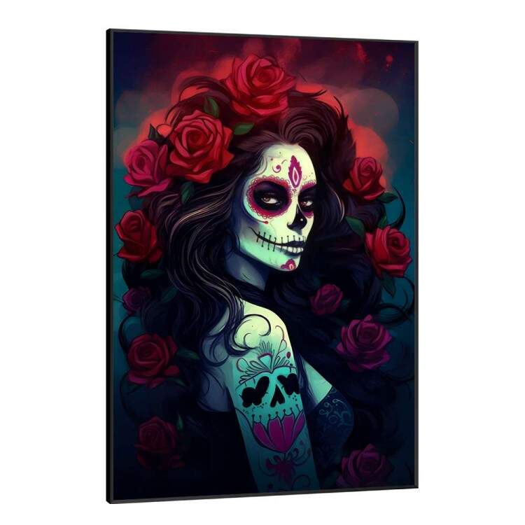 Quadro Decorativo Caveira Mexicana Com Cabelo Grande e Com Rosas Vermelhas