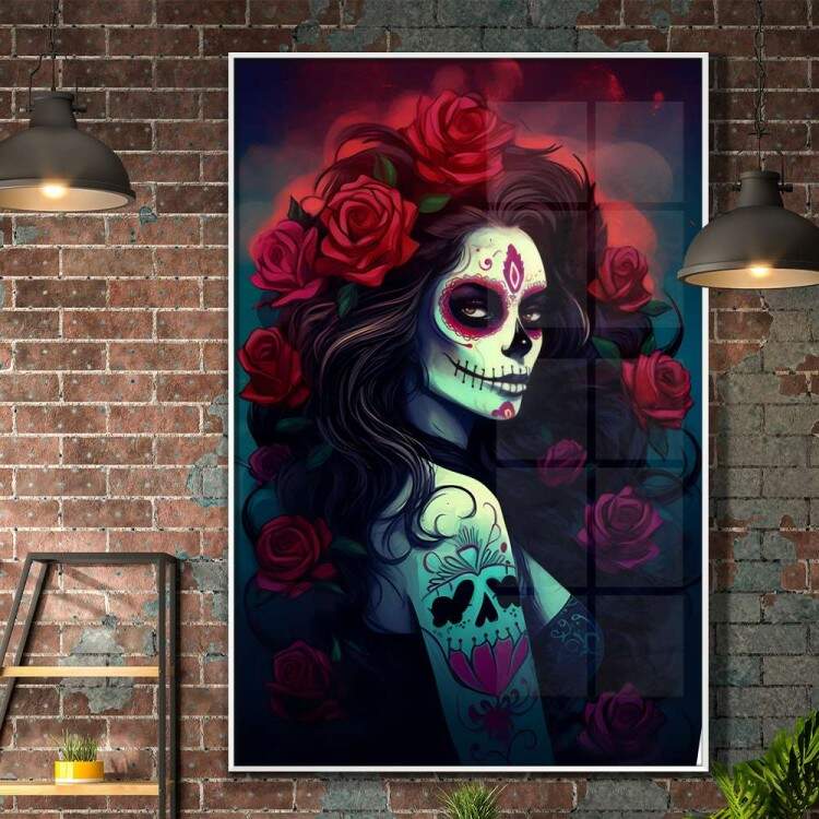 Quadro Decorativo Caveira Mexicana Com Cabelo Grande e Com Rosas Vermelhas