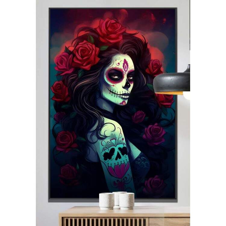 Quadro Decorativo Caveira Mexicana Com Cabelo Grande e Com Rosas Vermelhas