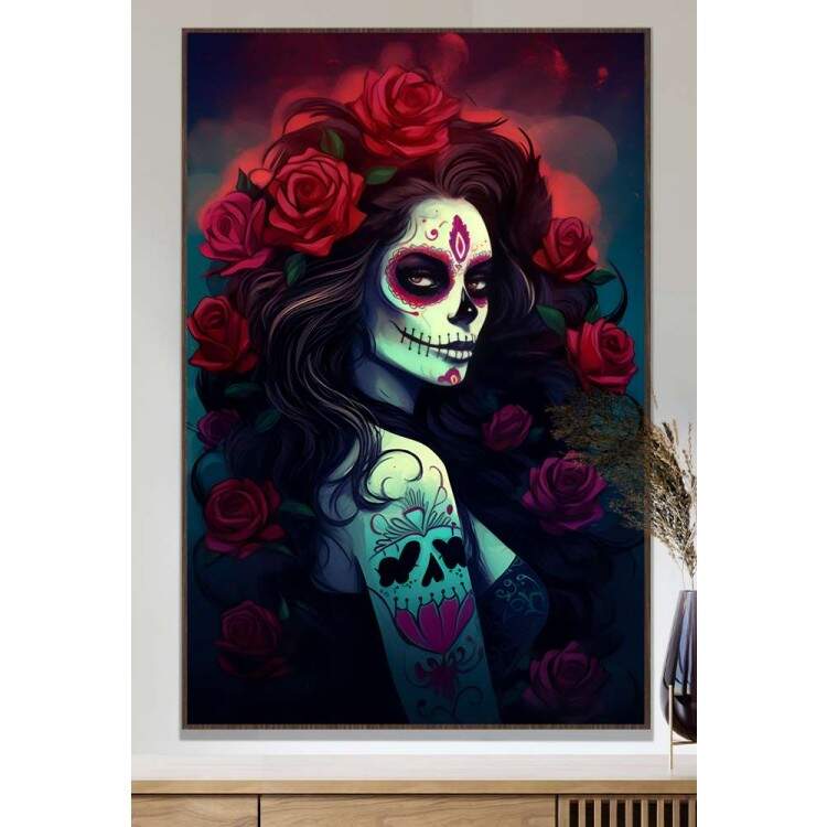 Quadro Decorativo Caveira Mexicana Com Cabelo Grande e Com Rosas Vermelhas