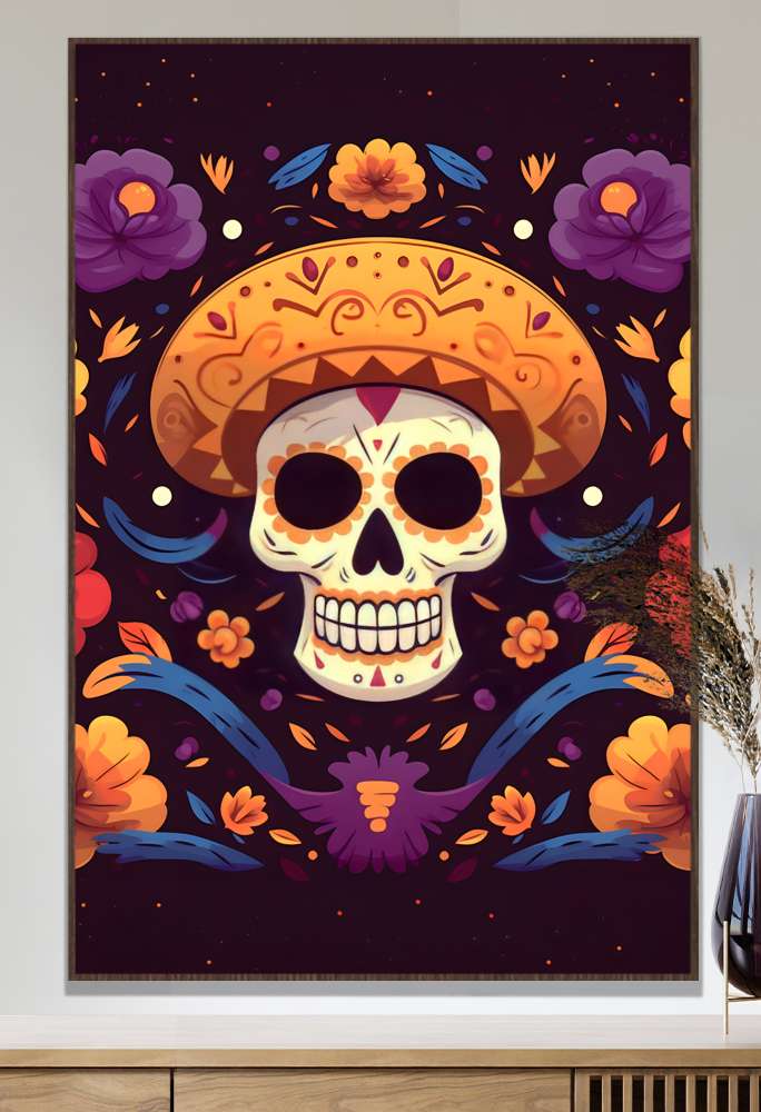 Quadro Decorativo Caveira Mexicana Com Chap�u Laranja