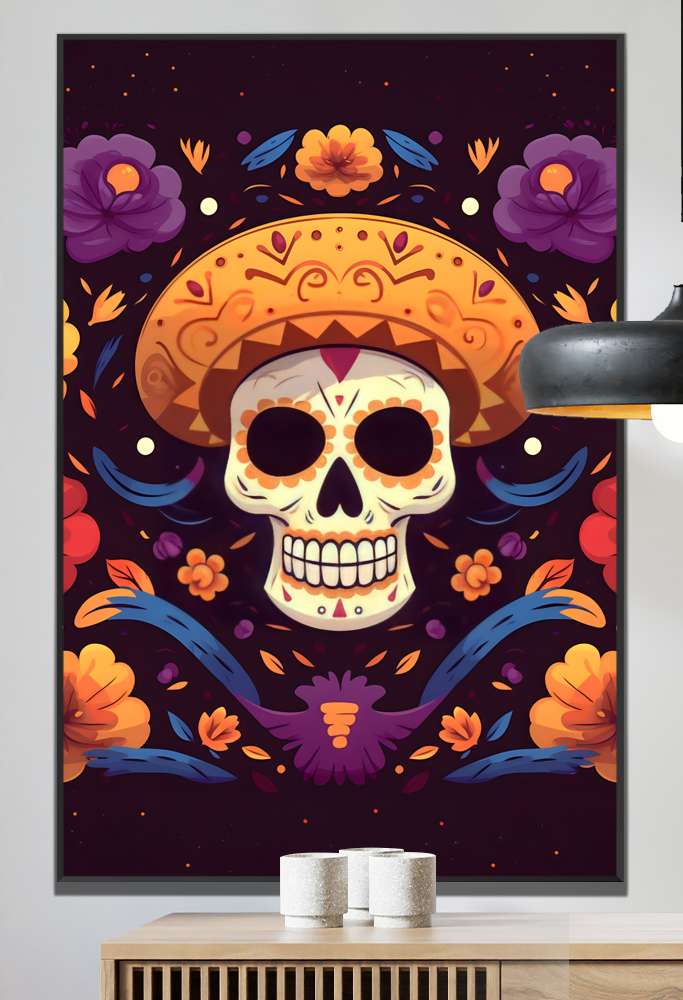 Quadro Decorativo Caveira Mexicana Com Chap�u Laranja