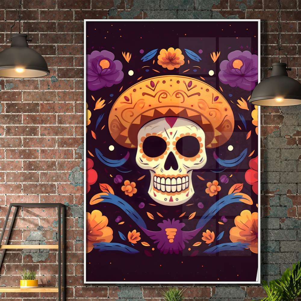 Quadro Decorativo Caveira Mexicana Com Chap�u Laranja