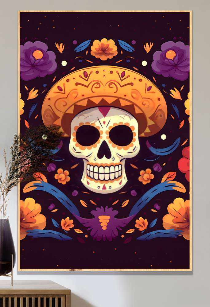 Quadro Decorativo Caveira Mexicana Com Chap�u Laranja