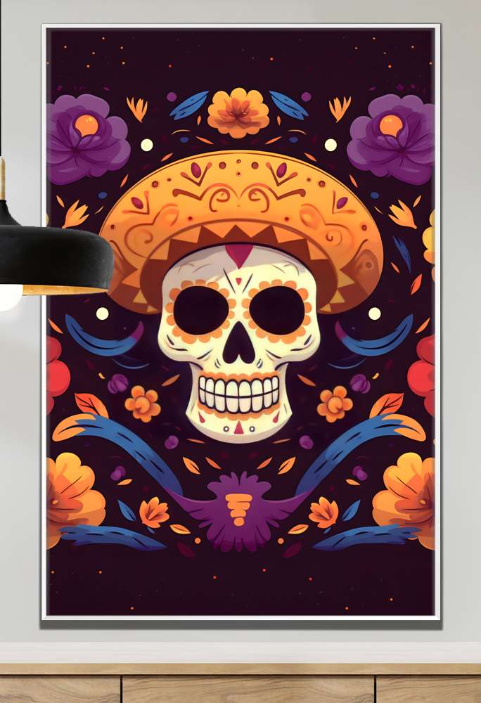 Quadro Decorativo Caveira Mexicana Com Chap�u Laranja