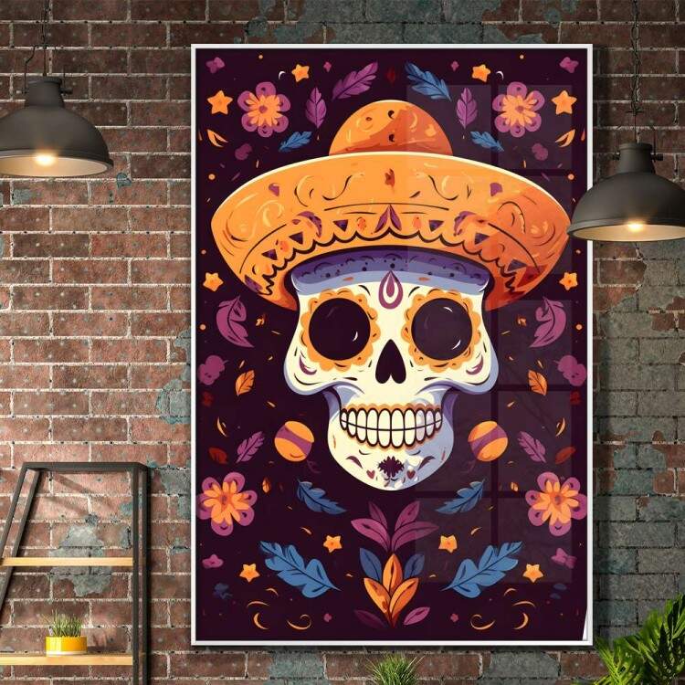 Quadro Decorativo Caveira Mexicana Com Chapu Laranja e Fundo Roxo