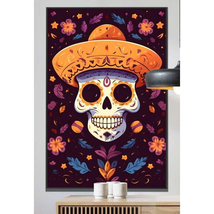 Quadro Decorativo Caveira Mexicana Com Chapu Laranja e Fundo Roxo