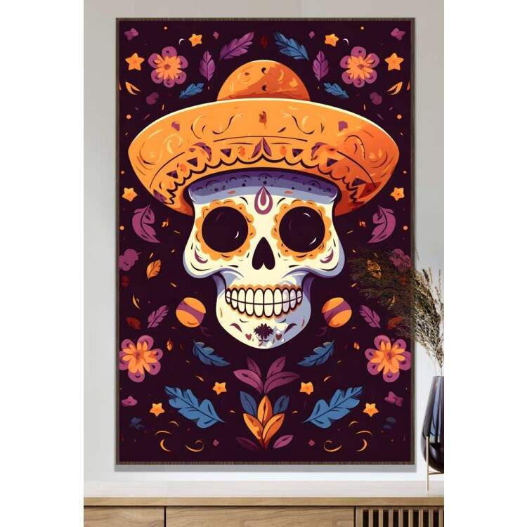 Quadro Decorativo Caveira Mexicana Com Chapu Laranja e Fundo Roxo