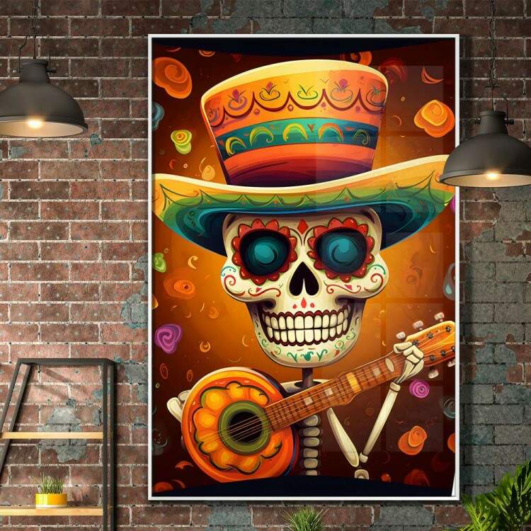 Quadro Decorativo Caveira Mexicana Com Chapu Verde e Laranja Tocando Violo