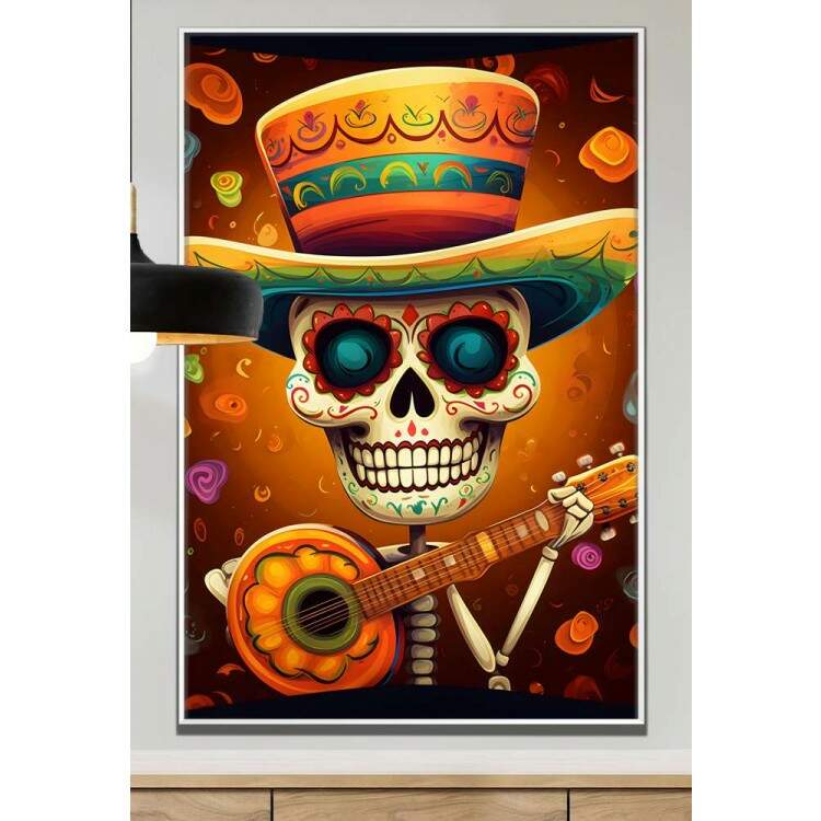 Quadro Decorativo Caveira Mexicana Com Chapu Verde e Laranja Tocando Violo