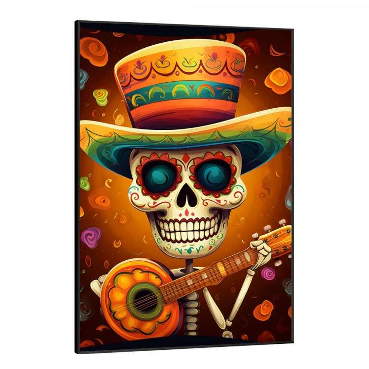 Quadro Decorativo Caveira Mexicana Com Chapu Verde e Laranja Tocando Violo