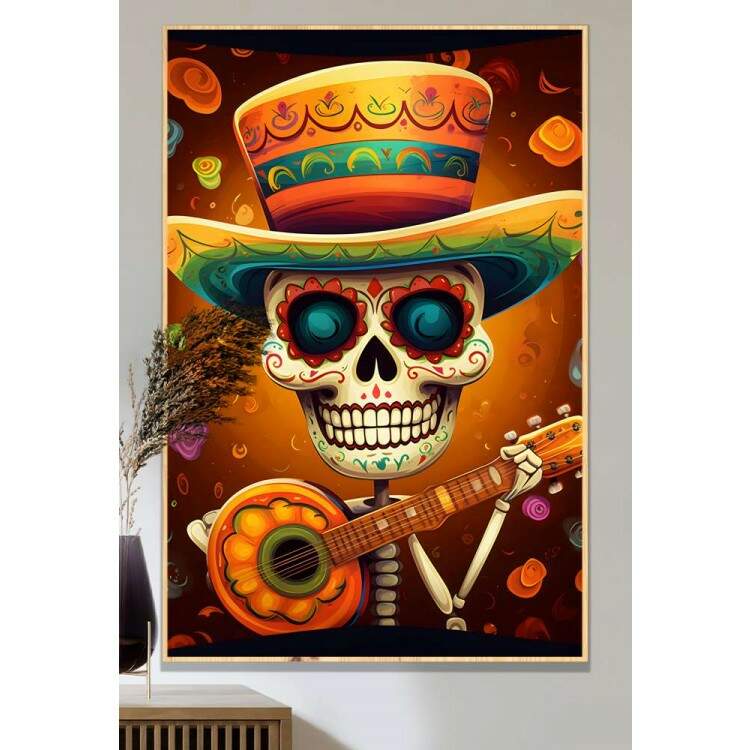 Quadro Decorativo Caveira Mexicana Com Chapu Verde e Laranja Tocando Violo