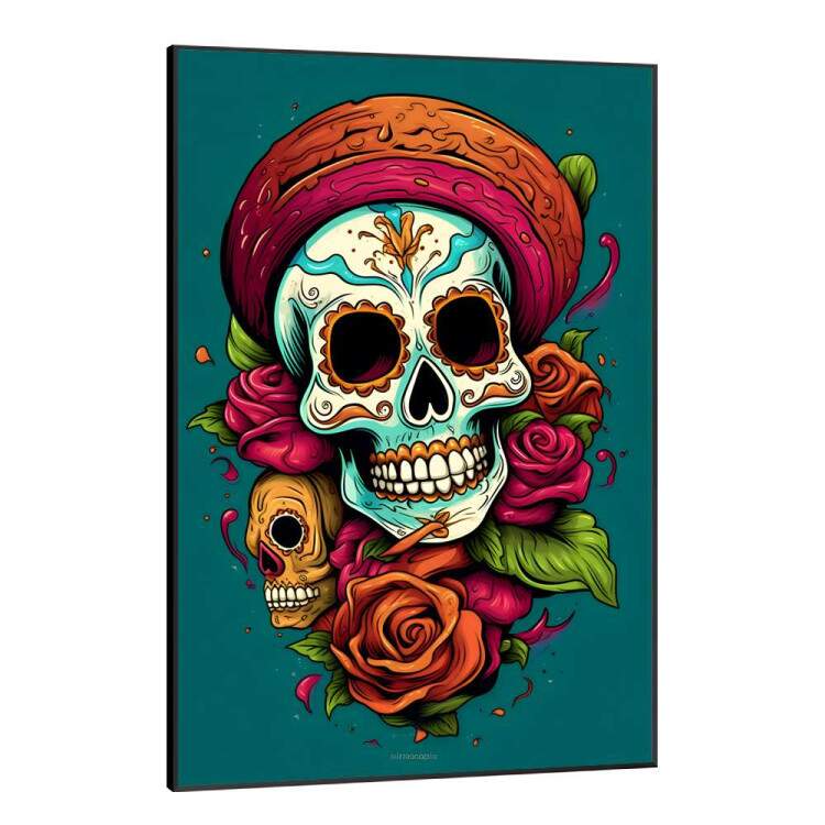 Quadro Decorativo Caveira Mexicana Com Detalhes Azuis Fundo Verde