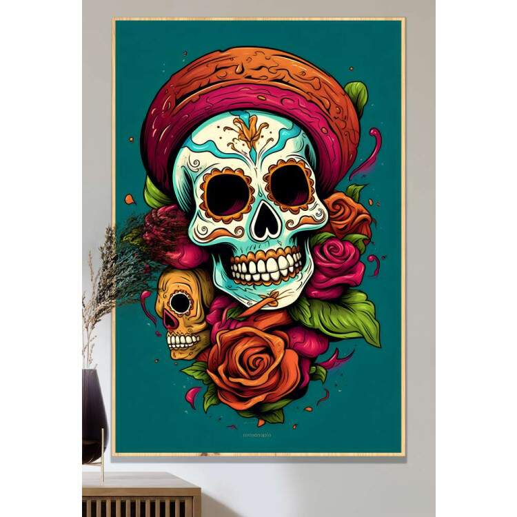 Quadro Decorativo Caveira Mexicana Com Detalhes Azuis Fundo Verde