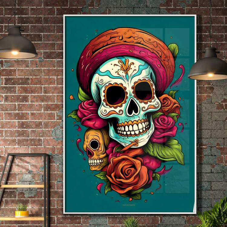 Quadro Decorativo Caveira Mexicana Com Detalhes Azuis Fundo Verde