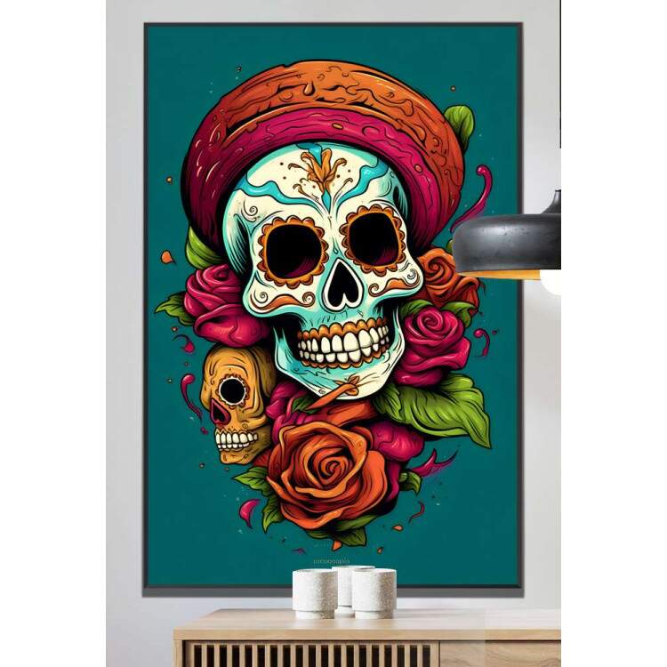 Quadro Decorativo Caveira Mexicana Com Detalhes Azuis Fundo Verde