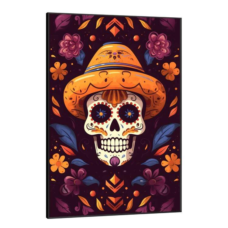 Quadro Decorativo Caveira Mexicana Com Detalhes Laranjas e Roxos