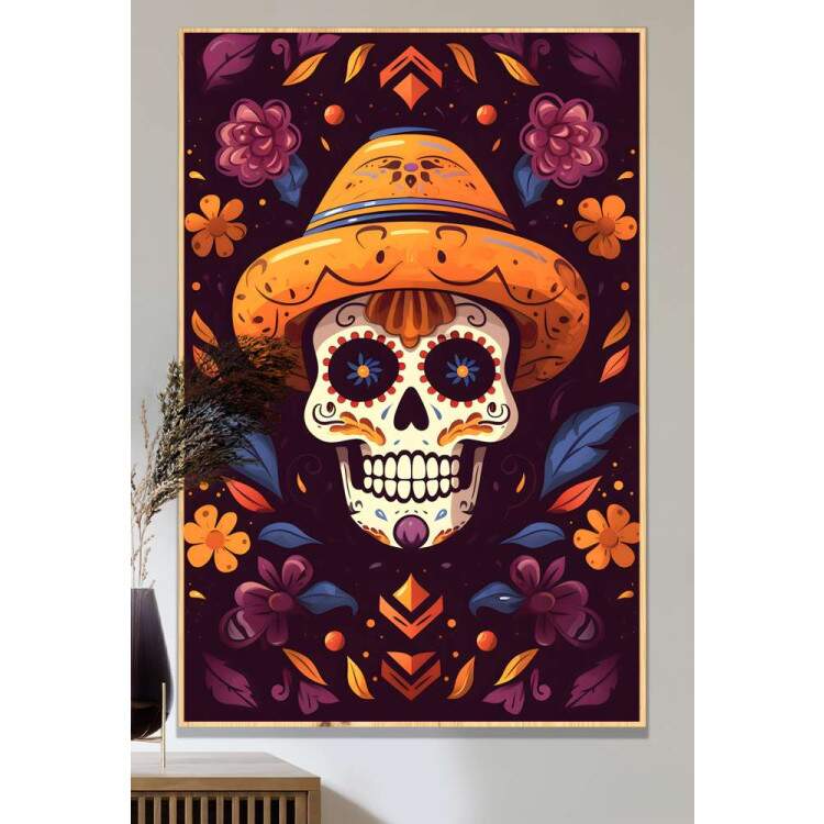 Quadro Decorativo Caveira Mexicana Com Detalhes Laranjas e Roxos