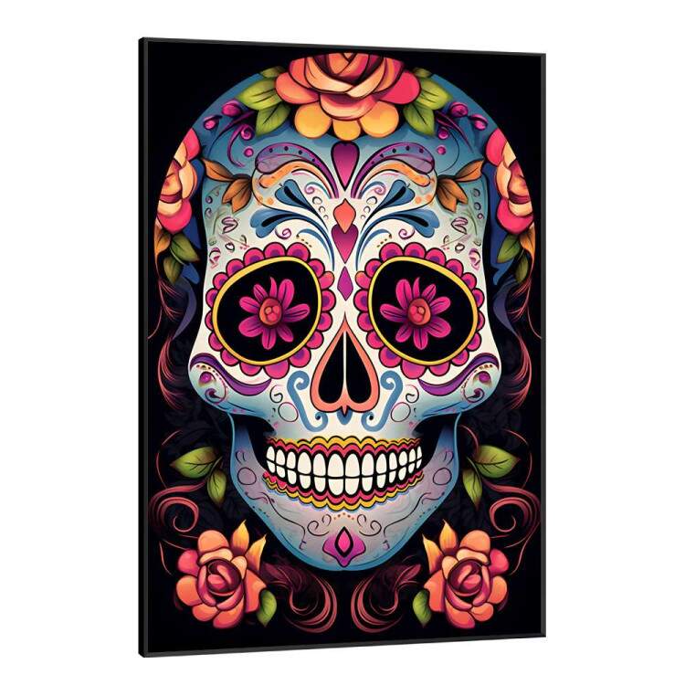 Quadro Decorativo Caveira Mexicana Com Flores e Detalhes Rosas e Azuis