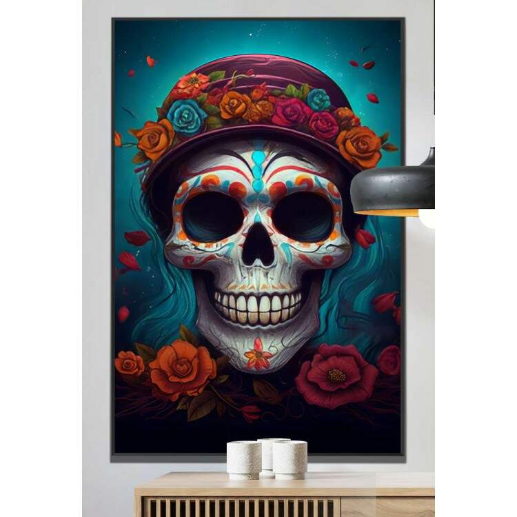 Quadro Decorativo Caveira Mexicana Com Flores e Fundo Azul