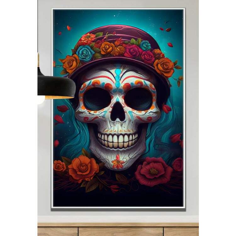 Quadro Decorativo Caveira Mexicana Com Flores e Fundo Azul