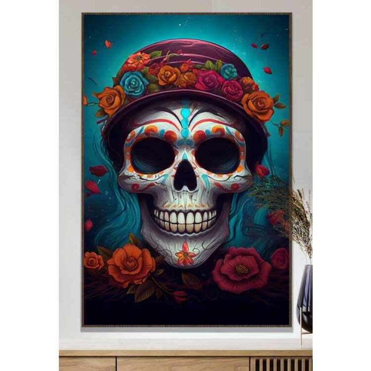 Quadro Decorativo Caveira Mexicana Com Flores e Fundo Azul