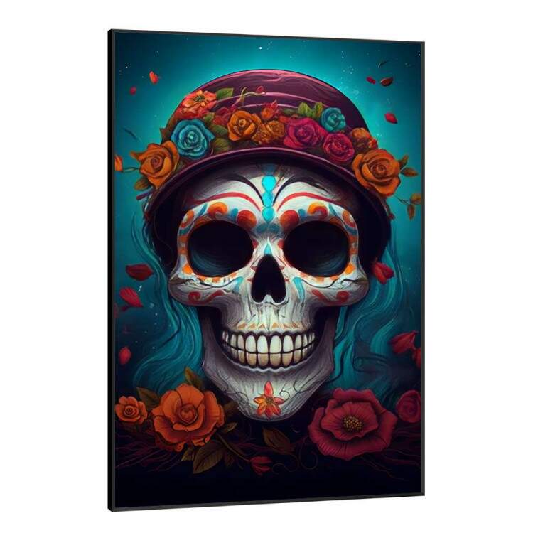 Quadro Decorativo Caveira Mexicana Com Flores e Fundo Azul