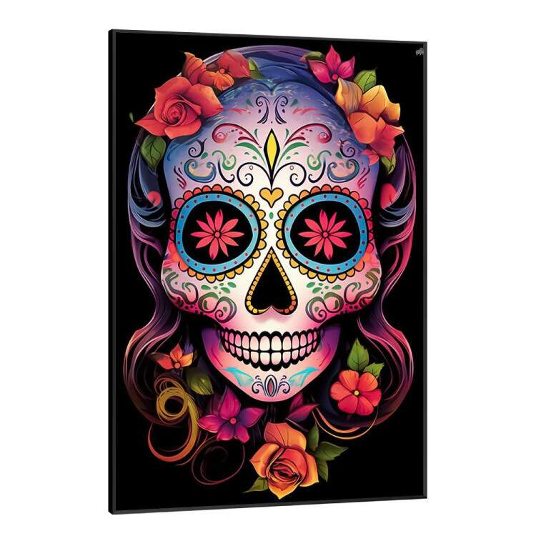 Quadro Decorativo Caveira Mexicana Com Flores No Cabelo e Fundo Preto