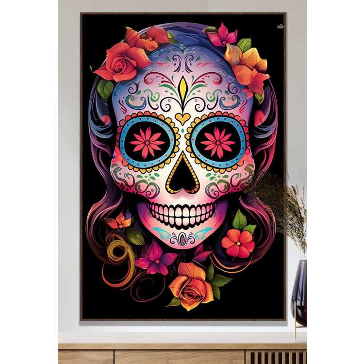 Quadro Decorativo Caveira Mexicana Com Flores No Cabelo e Fundo Preto