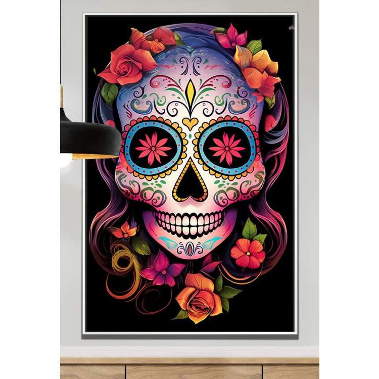 Quadro Decorativo Caveira Mexicana Com Flores No Cabelo e Fundo Preto