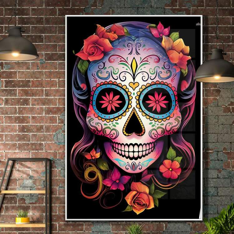 Quadro Decorativo Caveira Mexicana Com Flores No Cabelo e Fundo Preto