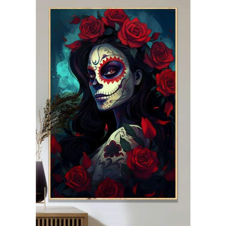 Quadro Decorativo Caveira Mexicana Com Rosas Vermelhas e Rosto Bonito