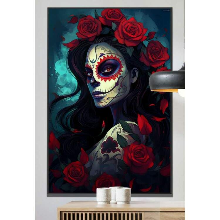 Quadro Decorativo Caveira Mexicana Com Rosas Vermelhas e Rosto Bonito