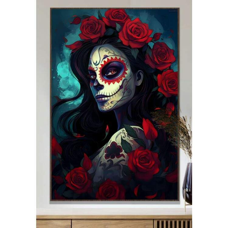 Quadro Decorativo Caveira Mexicana Com Rosas Vermelhas e Rosto Bonito