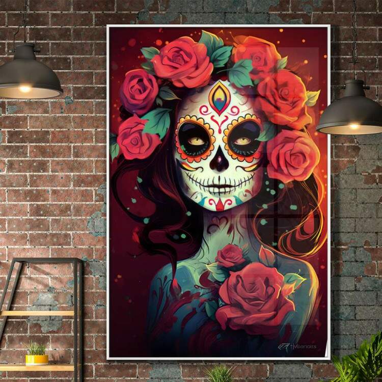 Quadro Decorativo Caveira Mexicana Com Rosas Vermelhas Sendo Iluminada