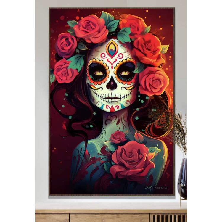 Quadro Decorativo Caveira Mexicana Com Rosas Vermelhas Sendo Iluminada