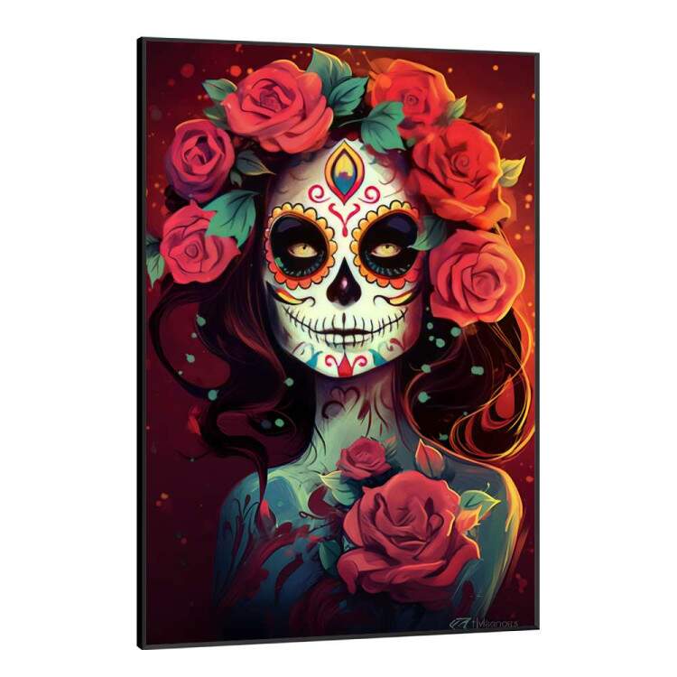 Quadro Decorativo Caveira Mexicana Com Rosas Vermelhas Sendo Iluminada