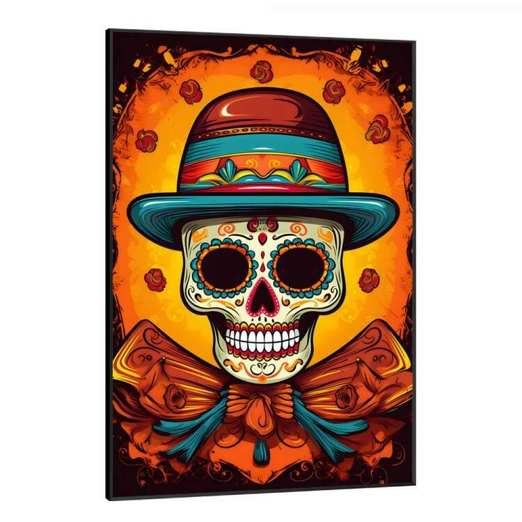 Quadro Decorativo Caveira Mexicana Fundo Laranja