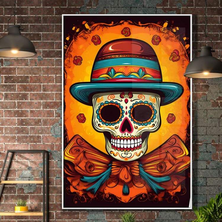 Quadro Decorativo Caveira Mexicana Fundo Laranja