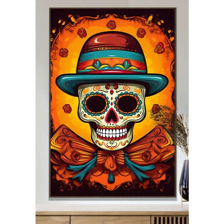 Quadro Decorativo Caveira Mexicana Fundo Laranja