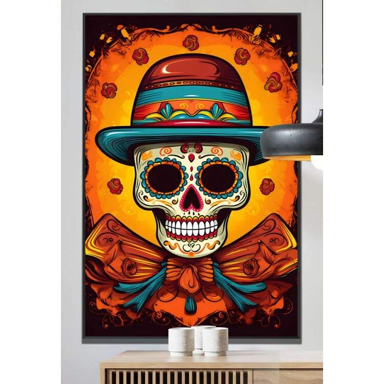 Quadro Decorativo Caveira Mexicana Fundo Laranja