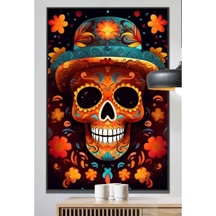 Quadro Decorativo Caveira Mexicana Laranja Com Chapu Verde-gua